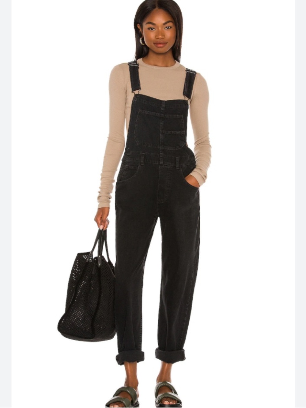 Free People X We The Free ZIGGY Overalls Mineral Black Bib Denim SZ XL Boho EUC